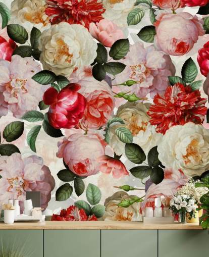 papel pintado de flores rosadas, rojas y crema y peonía