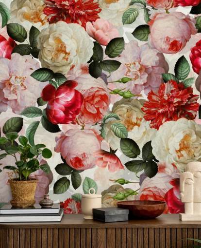 papel pintado de flores rosadas, rojas y crema y peonía