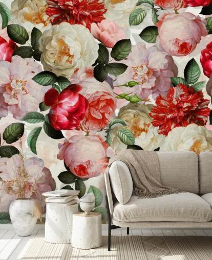 papier peint fleurs et pivoines roses, rouges et crème