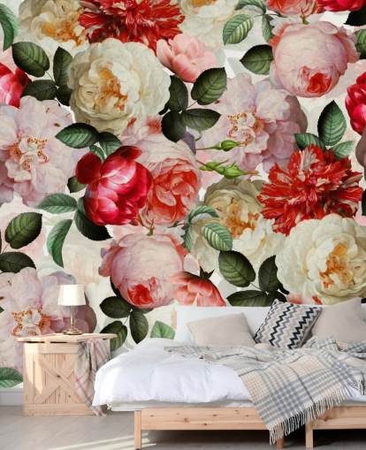 roze, rode en crèmekleurige bloemen en pioenbehang