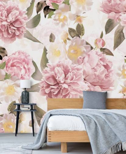 illustrated pink peonies on a white background wallpaper