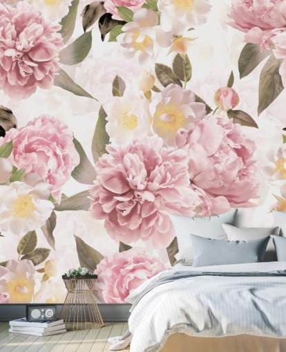 pivoines roses illustrées sur fond blanc papier peint