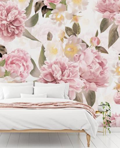 illustrated pink peonies on a white background wallpaper