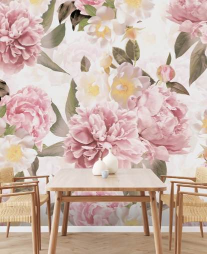 illustrierte rosa Pfingstrosen auf weißem Hintergrund Tapete