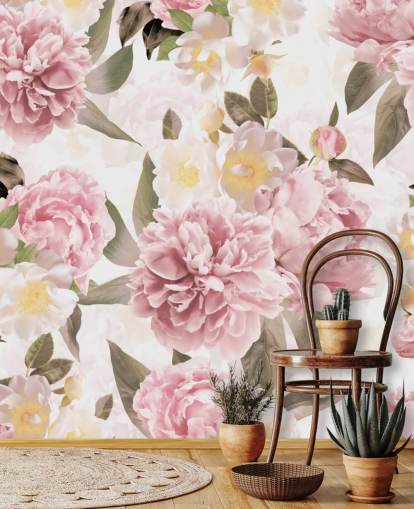 pivoines roses illustrées sur fond blanc papier peint