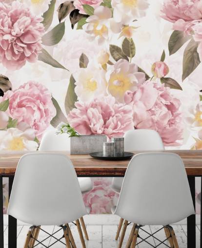 illustrated pink peonies on a white background wallpaper