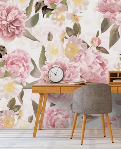 peônias rosa ilustradas em um papel de parede de fundo branco