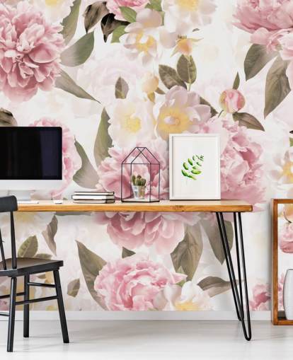 pivoines roses illustrées sur fond blanc papier peint