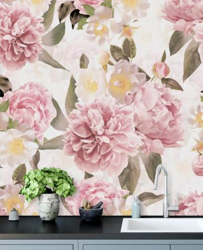 pivoines roses illustrées sur fond blanc papier peint