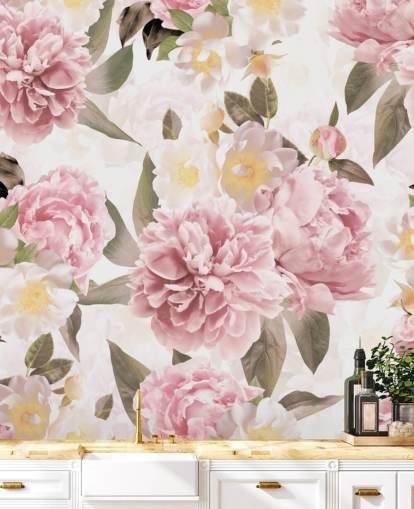 illustrated pink peonies on a white background wallpaper