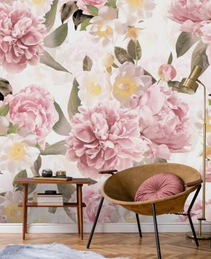 illustrated pink peonies on a white background wallpaper