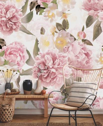 illustrierte rosa Pfingstrosen auf weißem Hintergrund Tapete