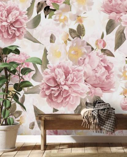 pivoines roses illustrées sur fond blanc papier peint