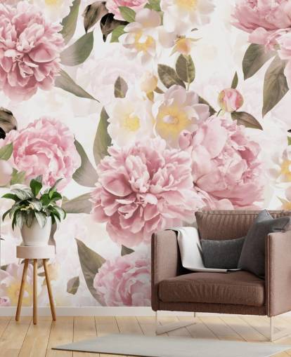 pivoines roses illustrées sur fond blanc papier peint