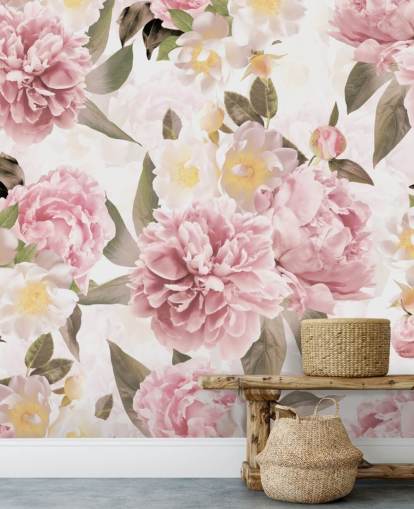 illustrated pink peonies on a white background wallpaper