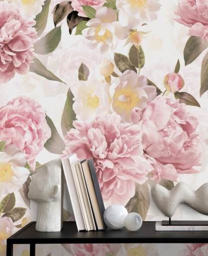 pivoines roses illustrées sur fond blanc papier peint