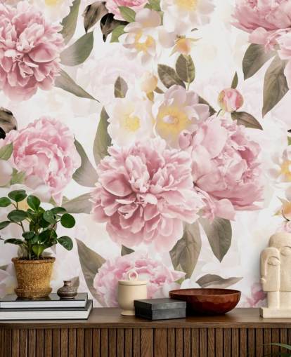 geïllustreerde roze pioenen op een witte achtergrond behang geïllustreerde roze pioenen op een witte achtergrond behang