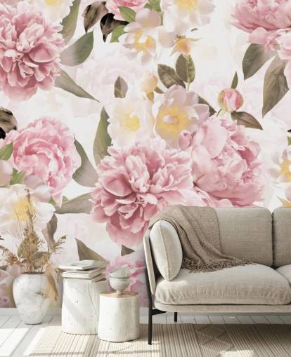 geïllustreerde roze pioenen op een witte achtergrond behang geïllustreerde roze pioenen op een witte achtergrond behang