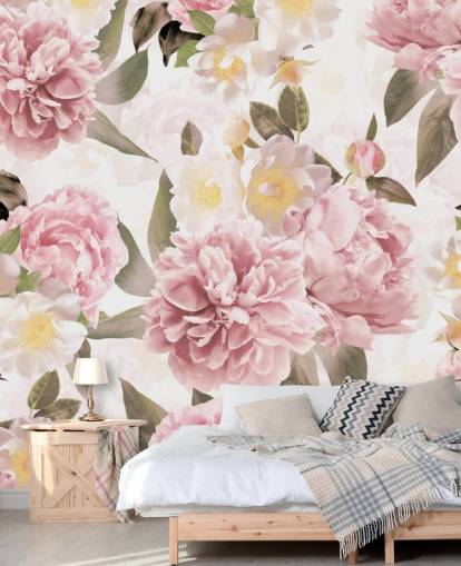 peônias rosa ilustradas em um papel de parede de fundo branco