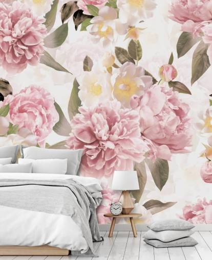 illustrated pink peonies on a white background wallpaper