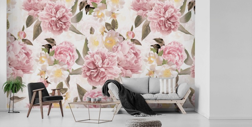 Papel De Pared Botánico Floral Con Peonías Realistas En El Jardín