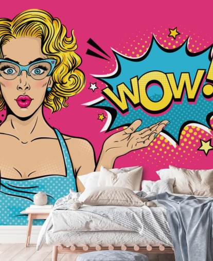 lady saying wow pink, blue and yellow pop art wallpaper