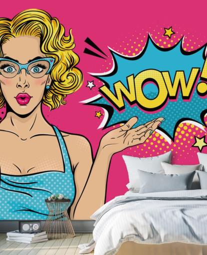 lady saying wow pink, blue and yellow pop art wallpaper