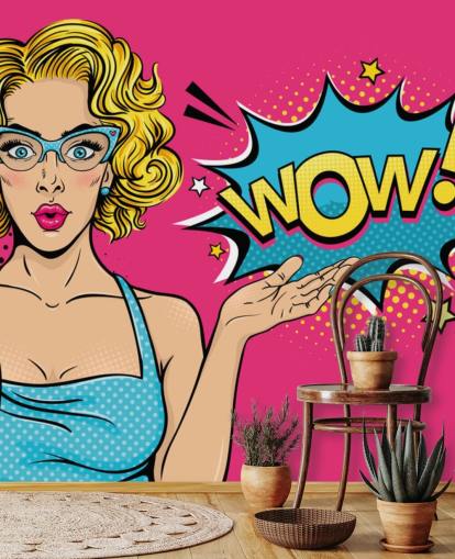 lady saying wow pink, blue and yellow pop art wallpaper