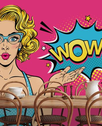 lady saying wow pink, blue and yellow pop art wallpaper lady saying wow pink, blue and yellow pop art wallpaper