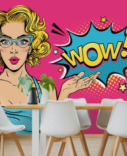 dam säger wow rosa, blå och gul pop art tapet