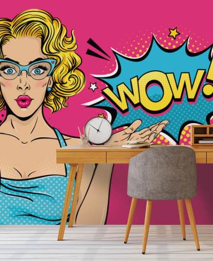 papel pintado pop art rosa, azul y amarillo de Lady Saying Wow papel pintado pop art rosa, azul y amarillo de Lady Saying Wow
