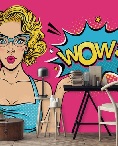 lady saying wow pink, blue and yellow pop art wallpaper