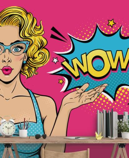 lady saying wow pink, blue and yellow pop art wallpaper