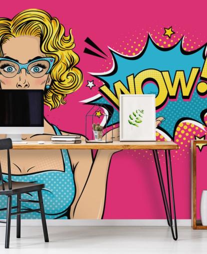 lady saying wow pink, blue and yellow pop art wallpaper