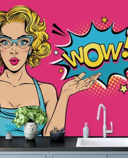 dam säger wow rosa, blå och gul pop art tapet