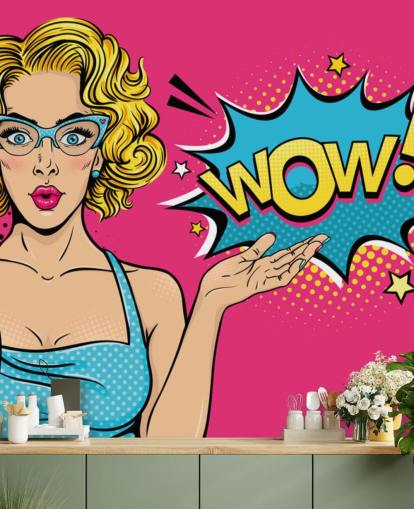 lady saying wow pink, blue and yellow pop art wallpaper