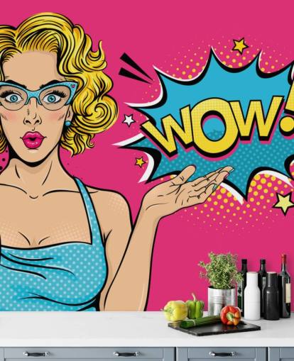 lady saying wow pink, blue and yellow pop art wallpaper