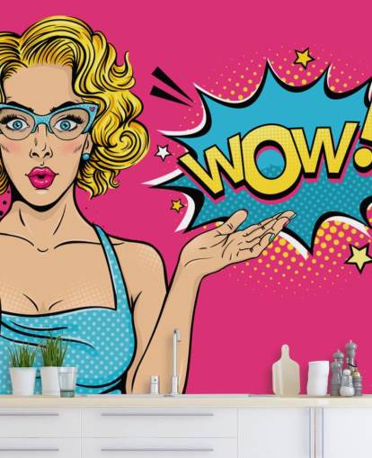 dame siger wow lyserødt, blåt og gult pop art tapet dame siger wow lyserødt, blåt og gult pop art tapet