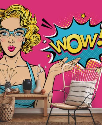 lady saying wow pink, blue and yellow pop art wallpaper