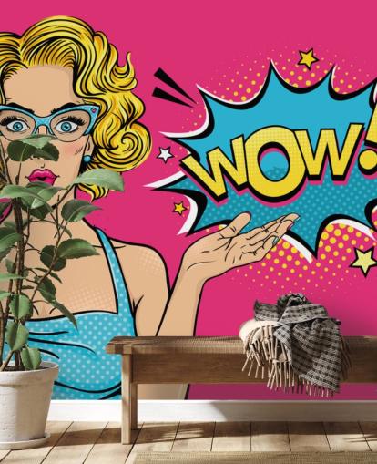 lady saying wow pink, blue and yellow pop art wallpaper