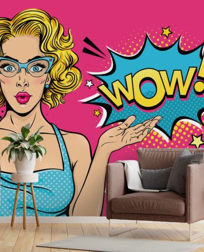papel pintado pop art rosa, azul y amarillo de Lady Saying Wow papel pintado pop art rosa, azul y amarillo de Lady Saying Wow