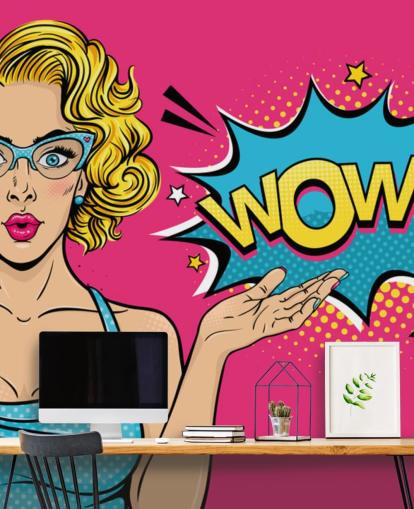 papier peint pop art rose, bleu et jaune Lady Saying Wow