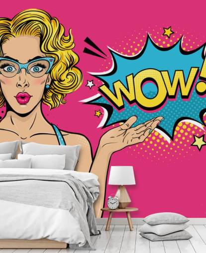lady saying wow pink, blue and yellow pop art wallpaper