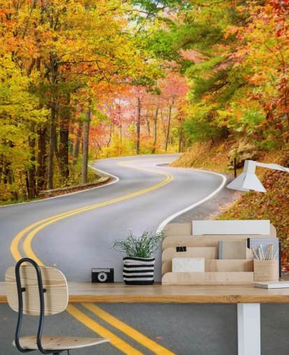 Carta da parati stradale che attraversa l'autunno