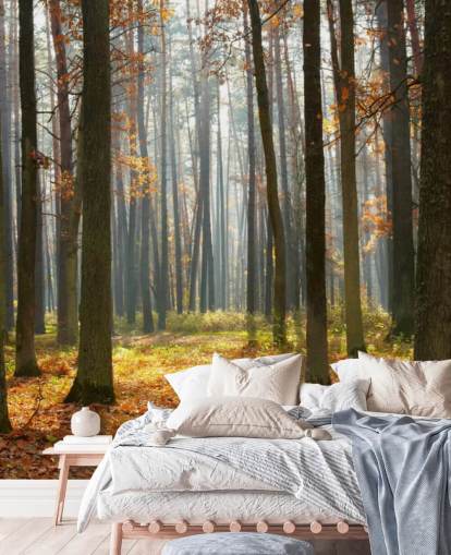 mural de papel pintado de bosque personalizable llamado Autumn Forest para oficinas, salas de estar y baños