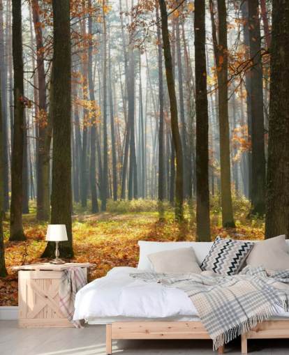 mural de papel pintado de bosque personalizable llamado Autumn Forest para oficinas, salas de estar y baños