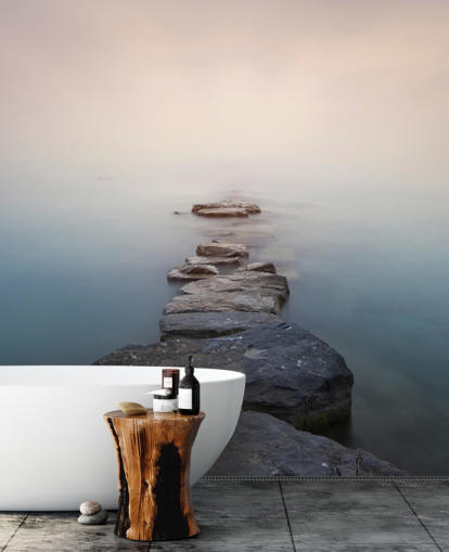 stone path in misty lake wallpaper