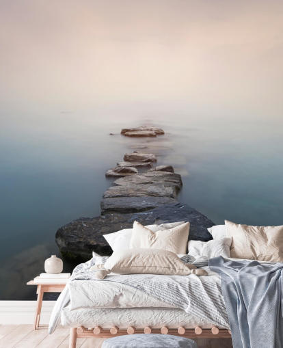 stone path in misty lake wallpaper