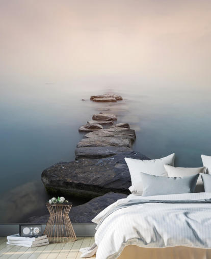 stone path in misty lake wallpaper