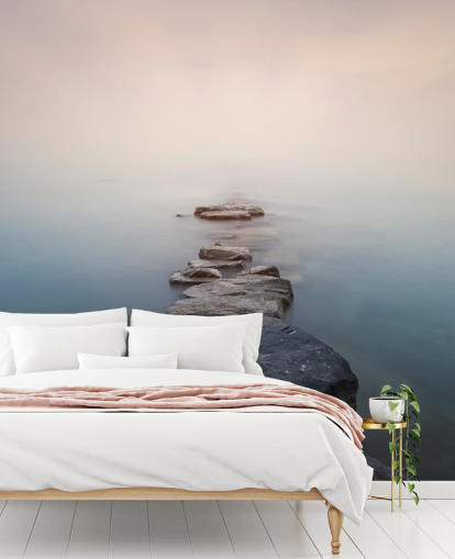 fondo de pantalla de camino de piedra en lago brumoso fondo de pantalla de camino de piedra en lago brumoso